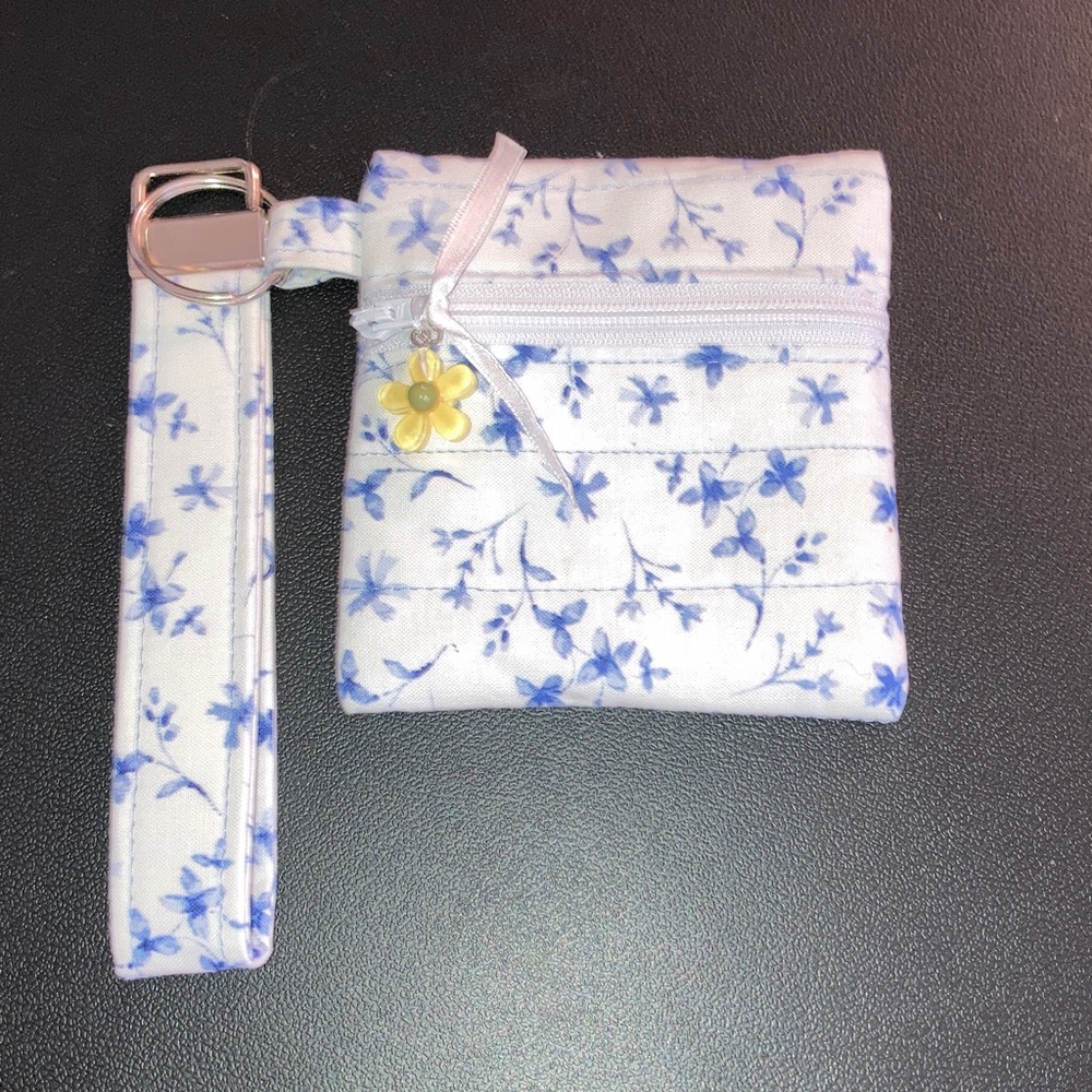 Blue and White Floral Quilted Wristlet and Coin Purse